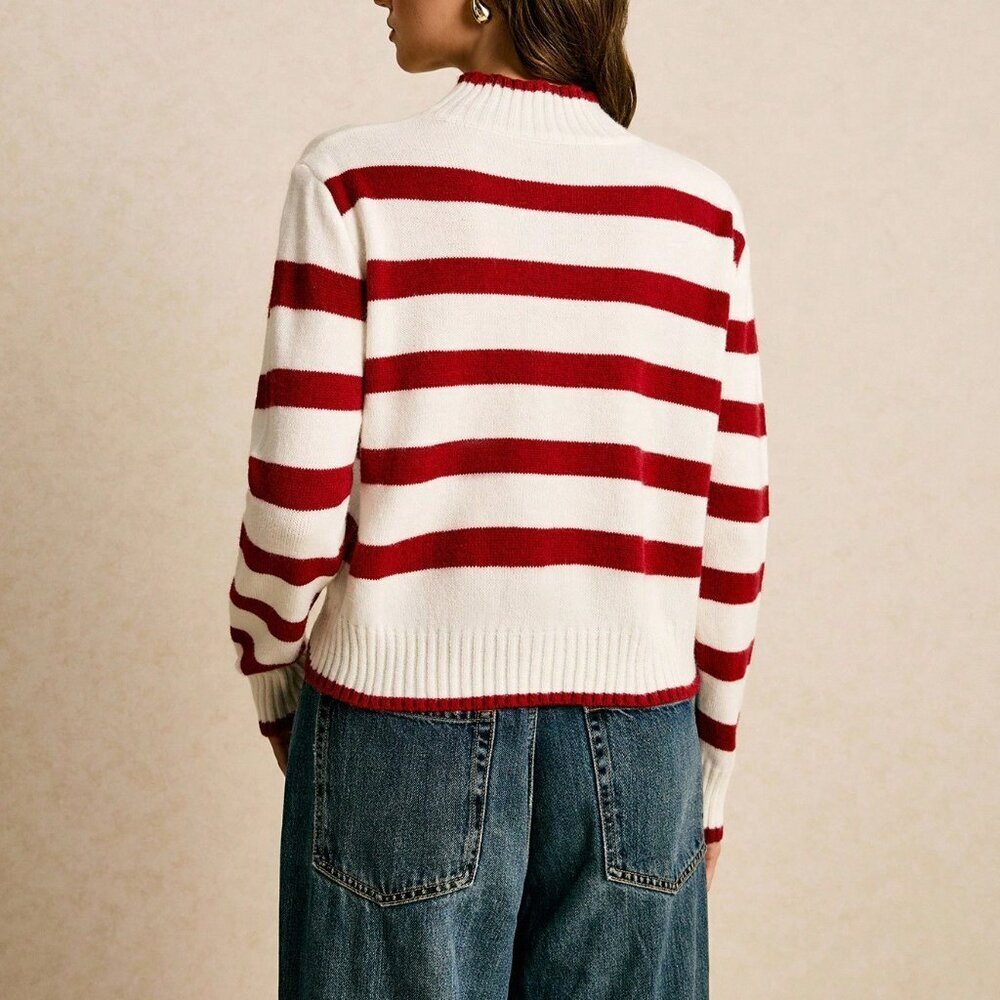 Red And White Casual Women's Colorblock Striped Stand Collar Sweater - Picture 2 of 9